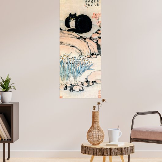  zwarte kat en narcis door Zhu Ling Poster (Woonkamer 3)