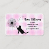 Zwarte kat en paardenbloem op Gingham Visitekaartje (Voorkant)