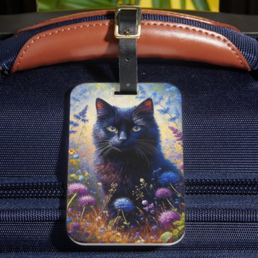 Zwarte Kat en Paarse Wildbloemen Olieverfschilderi Bagagelabel (Voorkant Insitu 2)