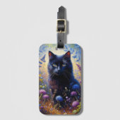 Zwarte Kat en Paarse Wildbloemen Olieverfschilderi Bagagelabel (Voorkant (verticaal))