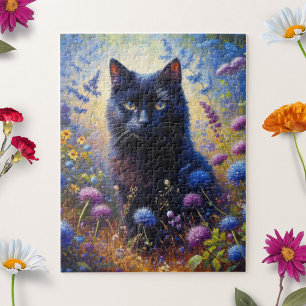 Zwarte Kat en Paarse Wildbloemen Olieverfschilderi Legpuzzel
