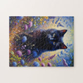 Zwarte Kat en Paarse Wildbloemen Olieverfschilderi Legpuzzel (Horizontaal)