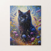 Zwarte Kat en Paarse Wildbloemen Olieverfschilderi Legpuzzel (Verticaal)