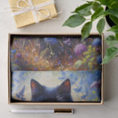 Zwarte kat en Paarse wilde bloemen Decoupage Tissuepapier (Geschenk)