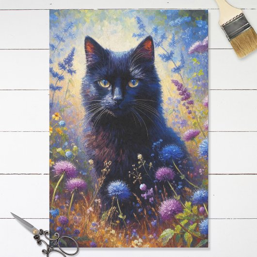 Zwarte kat en Paarse wilde bloemen Decoupage Tissuepapier