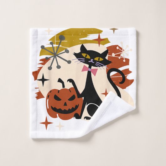 Zwarte Kat en Pompoen Atomic Retro Halloween T-Shi Bad Handdoek (Wasdoekje)