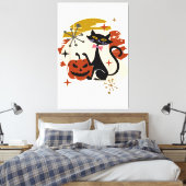 Zwarte Kat en Pompoen Atomic Retro Halloween T-Shi Canvas Afdruk (Insitu (Slaapkamer))