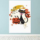 Zwarte Kat en Pompoen Atomic Retro Halloween T-Shi Canvas Afdruk (Insitu (Houten vloer))