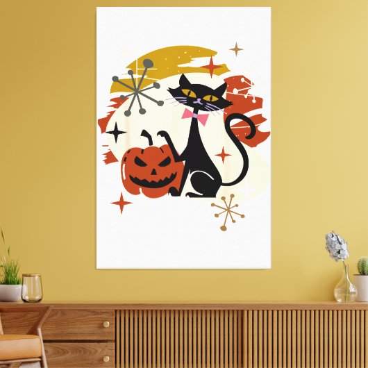 Zwarte Kat en Pompoen Atomic Retro Halloween T-Shi Canvas Afdruk (Insitu (Woonkamer))