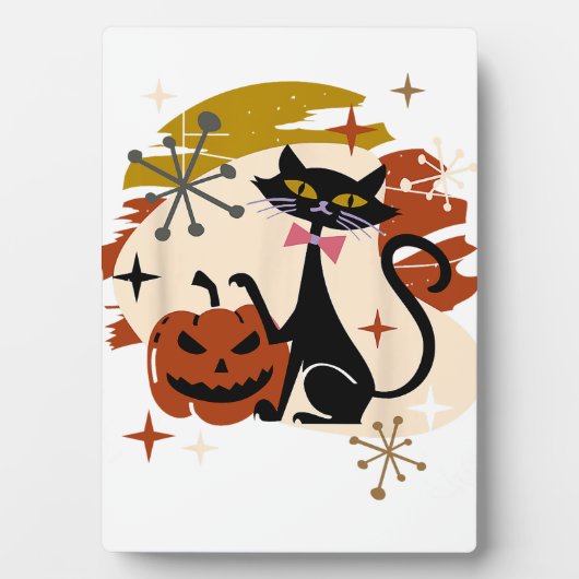 Zwarte Kat en Pompoen Atomic Retro Halloween T-Shi Fotoplaat (voorkant)