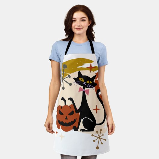 Zwarte Kat en Pompoen Atomic Retro Halloween T-Shi Schort (Gedragen)