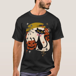 Zwarte Kat en Pompoen Atomic Retro Halloween T-Shi T-shirt