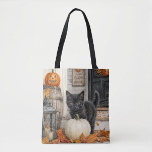 Zwarte Kat en Pompoen Boerderij Halloween Tote Bag