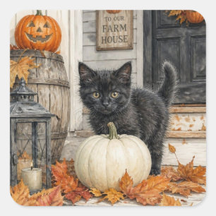 Zwarte Kat en Pompoen Boerderij Halloween  Vierkante Sticker