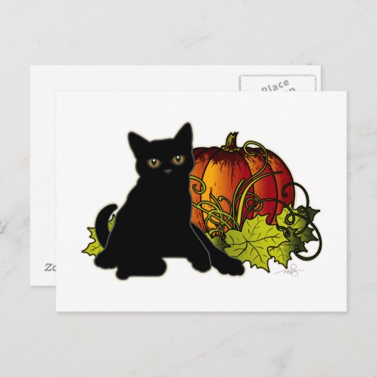Zwarte kat en pompoen briefkaart (Voorkant / Achterkant)