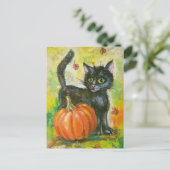 Zwarte kat en pompoen briefkaart (Staand voorkant)