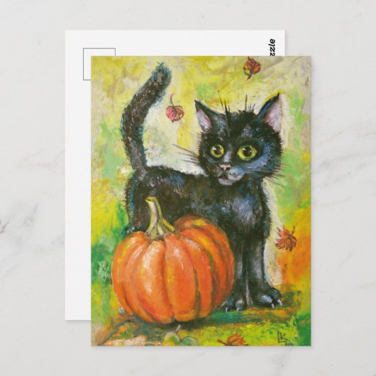 Zwarte kat en pompoen briefkaart (Voorkant / Achterkant)