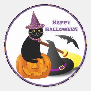 Zwarte Kat en Pompoen Gelukkig Halloween Ronde Sticker