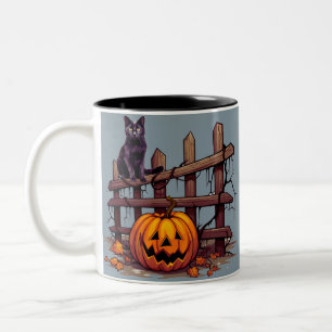 Zwarte Kat en Pompoen Griezelig Eng Halloween Plez Tweekleurige Koffiemok