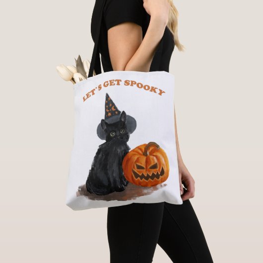 Zwarte kat en pompoen Halloween Canvas tas (Dichtbij)