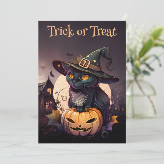Zwarte Kat en Pompoen Halloween Feest Uitnodiging (Staand voorkant)