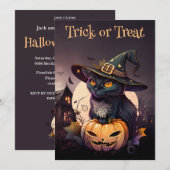 Zwarte Kat en Pompoen Halloween Feest Uitnodiging (Voorkant / Achterkant)