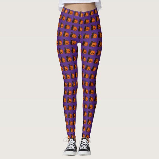 Zwarte kat en pompoen Halloween Leggings (Voorkant)