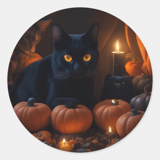 Zwarte kat en pompoen Halloween liefhebbers Ronde Sticker (Voorkant)