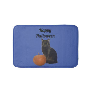 Zwarte kat en pompoen Happy Halloween Blue Badmat