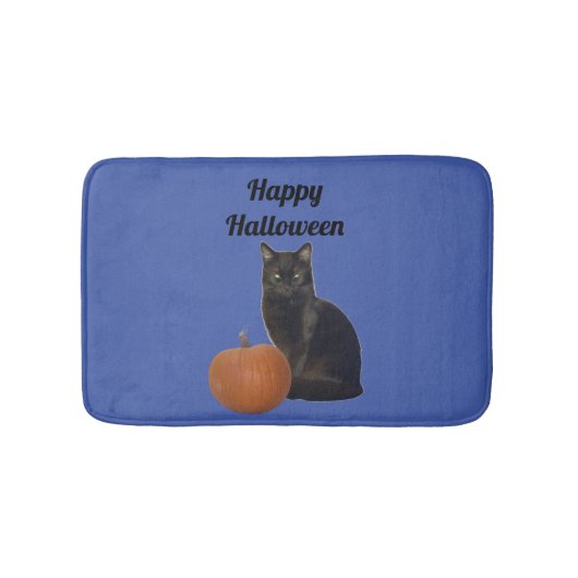 Zwarte kat en pompoen Happy Halloween Blue Badmat (Voorkant)