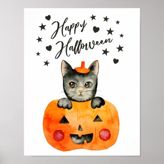 Zwarte kat en pompoen | Happy Halloween Poster (Voorkant)