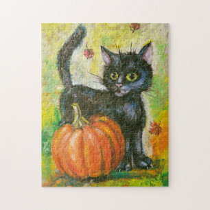 Zwarte kat en pompoen legpuzzel