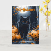 Zwarte kat en pompoenbos Halloween Kaart (Gele Bloem)