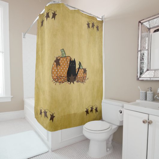 Zwarte kat en pompoenen douchegordijn (In situ)