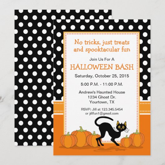Zwarte kat en pompoenen Halloween Party Uitnodigin Kaart (Voorkant / Achterkant)