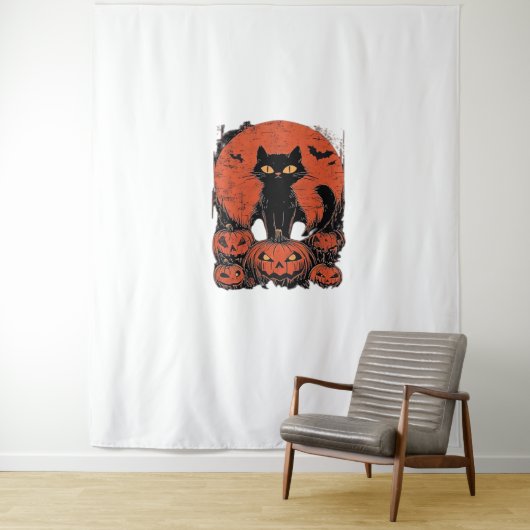 Zwarte kat en pompoenen - Halloween T-shirt Art Cl Wandkleed (In situ)