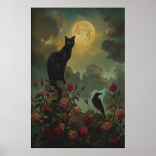 Zwarte Kat en Raaf met Rozen Onder Volle Maan Poster