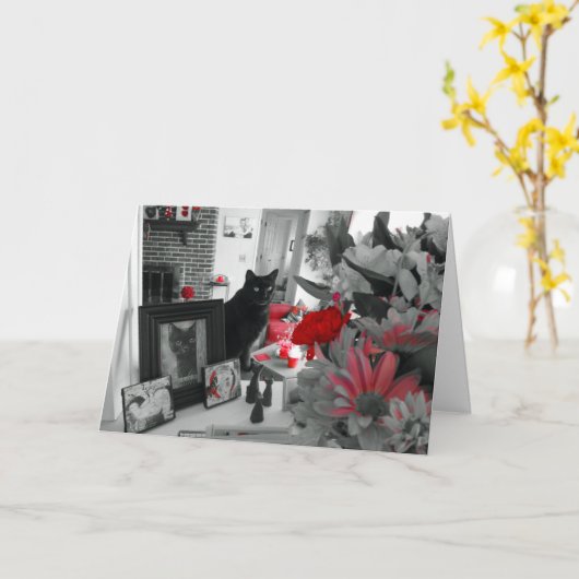 Zwarte kat en rode bloemen Moederdag Kaart (Gele Bloem)