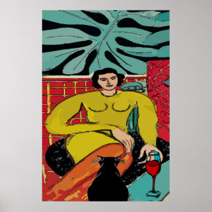 Zwarte Kat en Rode Wijn Poster