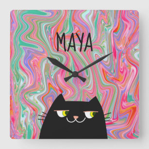 Zwarte Kat en Roze Artistiek Patroon Monogram Naam Vierkante Klok