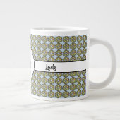 Zwarte kat en roze bloemen blauw grote koffiekop (Rechts)