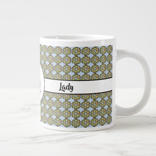 Zwarte kat en roze bloemen blauw grote koffiekop (Rechts)