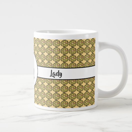 Zwarte kat en roze bloemen geel grote koffiekop (Rechts)