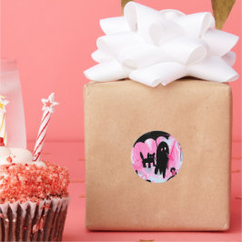 Zwarte kat en roze hart geest ronde sticker