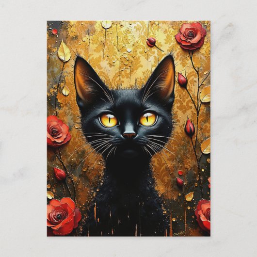 Zwarte Kat en Rozen Briefkaart (Voorkant)