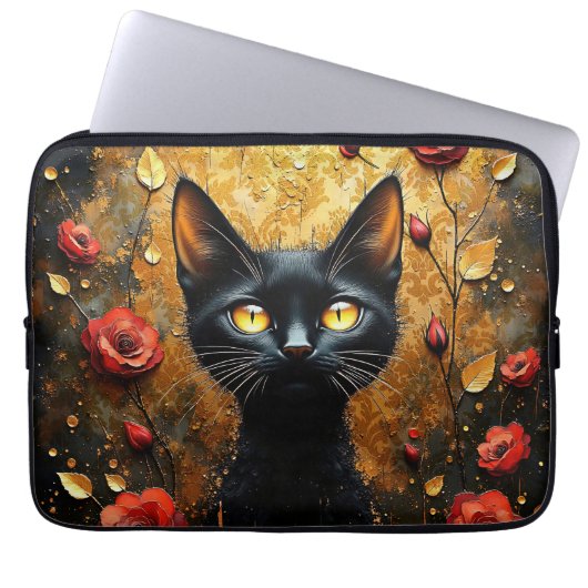 Zwarte Kat en Rozen Laptop Sleeve (Voorkant)
