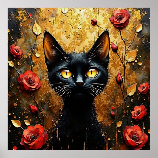 Zwarte Kat en Rozen Poster (Voorkant)