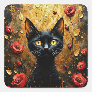 Zwarte Kat en Rozen Vierkante Sticker