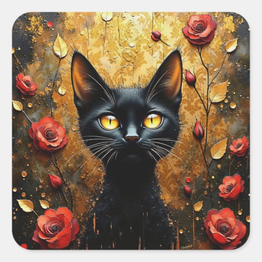 Zwarte Kat en Rozen Vierkante Sticker (Voorkant)
