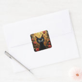 Zwarte Kat en Rozen Vierkante Sticker (Envelop)